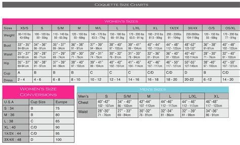 Women's Clothing and Underwear Size Charts .